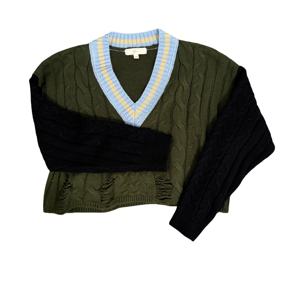 Olive and Navy Distressed Cropped V-Neck Cable Knit Sweater